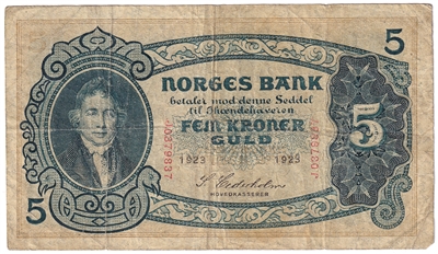 Norway 1923 5 Kroner Note, Pick #7b, VG-F 