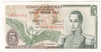 Colombia  Note 1976 5 Pesos Oro, EF-AU