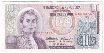 Colombia Note 1976 10 Pesos Oro, AU
