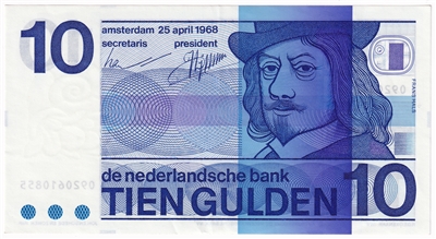 Netherlands 1968 10 Gulden Note, Pick #91b, AU 