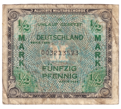 Germany 1944 1/2 Mark Note, 9 Digit with F, VF 