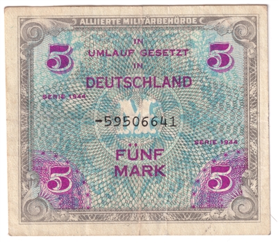 Germany 1944 5 Mark Note, Pick #193d, VF 