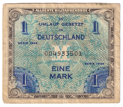 Germany 1944 1 Mark Note, Pick #192a, 9 Digit with F, VF