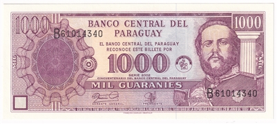 Paraguay 2002 1,000 Guaranies Note, Pick #221, UNC 