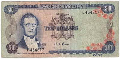 Jamaica 1970 10 Dollar Note, Pick #57, Circ. 