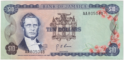 Jamaica 1970 10 Dollar Note, Pick #57, EF-AU 