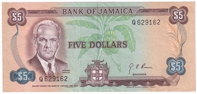 Jamaica 1970 5 Dollar Note, Pick #56, EF-AU 