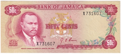 Jamaica 1970 50 Cents Note, Pick #53a, UNC 