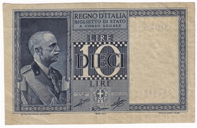 Italy 1935 10 Lire Note, Pick #25a, EF 