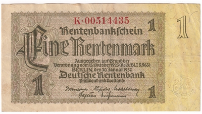 Germany 1937 1 Rentenmark Note, Pick #173b, VF-EF 