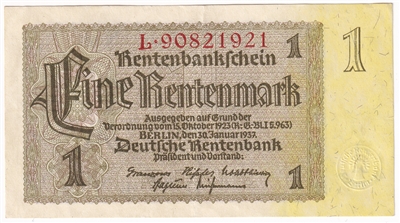 Germany 1937 1 Rentenmark Note, Pick #173b, EF-AU 