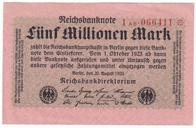 Germany 1923 5 Million Note, Pick #105, AU-UNC 