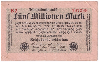 Germany 1923 5 Million Note, Pick #105, VF-EF 