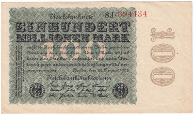 Germany 1923 100 Million Note, Pick #107c, AU-UNC 