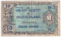 Germany 1944 10 Mark Note, Pick #194a, 9 Digit with F, F-VF