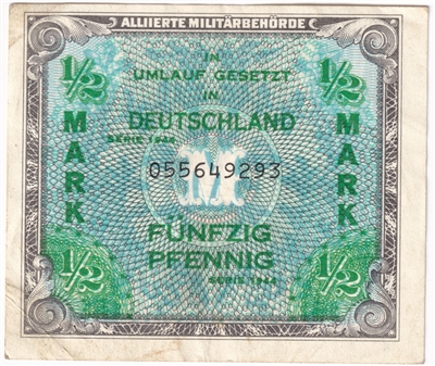 Germany 1944 1/2 Mark Note, Pick #191a, 9 Digit, EF