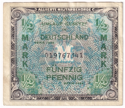 Germany 1944 1/2 Mark Note, Pick #191a 9 Digit, AU