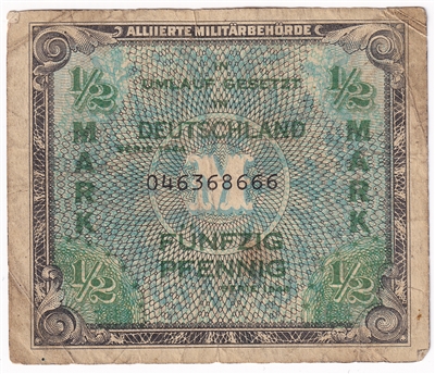 Germany 1944 1/2 Mark Note, Pick #191a, 9 Digit, VF (Damaged)