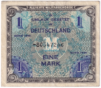 Germany 1944 1 Mark Note, Pick #191a, 8 Digit without F, VF