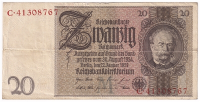 Germany 1929 20 Reichsmark Note, Pick #181a, F-VF(tear)