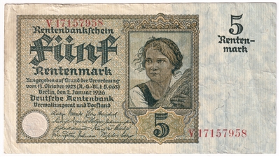 Germany 1926 5 Rentenmark Note, Pick #169, VF 