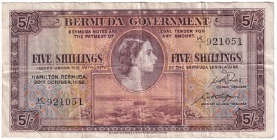 Bermuda Note Pick #18a 1952 5 Shillings, VF (tear)
