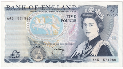 Great Britain 1971 5 Pound Note, BE108b, AU
