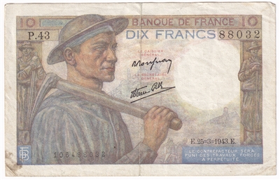 France 1943 10 Francs Note, Pick #99e, VF-EF 