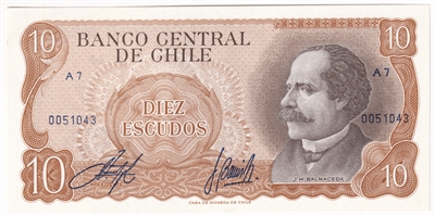 Chile Note 1967-76 10 Escudos, Tan Under, UNC