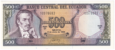 Ecuador 1988 500 Sucres Note, Pick #124Aa, UNC 