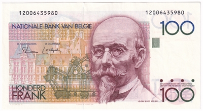 Belgium 1982-94 100 Francs Note, Pick #142a, AU 