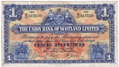 Scotland 1942 1 Pound Note, SC903d, VF-EF 