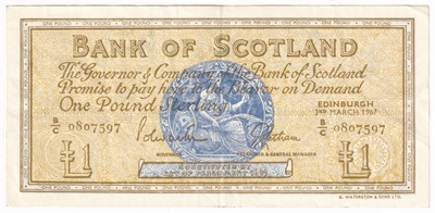 Scotland 1967 1 Pound Note, SC107c, VF-EF 