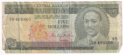 Barbados 1973 5 Dollar Note, Pick #32a, Circ. 