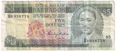 Barbados 1973 5 Dollar Note, Pick #32a, F-VF 
