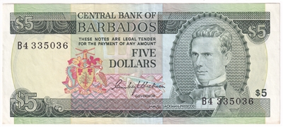 Barbados 1973 5 Dollar Note, Pick #31a, EF 