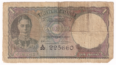 Ceylon 1942 1 Rupee Note, Pick #34, F 