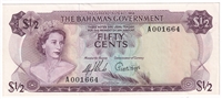 Bahamas 1965 1/2 Dollar Note, Pick #17a, AU-UNC 