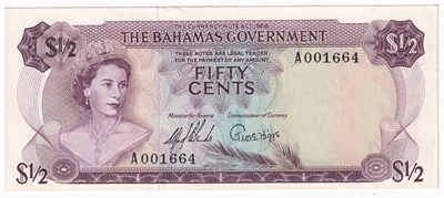 Bahamas 1965 1/2 Dollar Note, Pick #17a, AU-UNC 