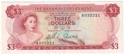 Bahamas 1965 3 Dollar Note, Pick #19a 2 Signatures, EF