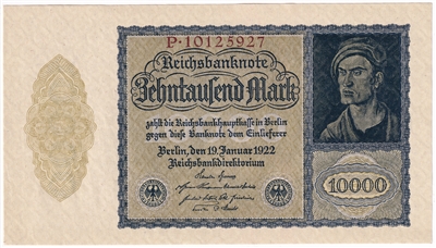 Germany 1922 10,000 Mark Note, Pick #72, AU-UNC (L)