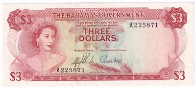 Bahamas 1965 3 Dollar Note, Pick #19a 2 Signatures, AU