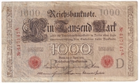 Germany 1910 1,000 Mark Note, Pick #44a, 6 Digit, F (L)