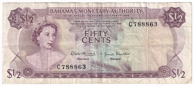 Bahamas 1968 1/2 Dollar Note, Pick #26a, VF 