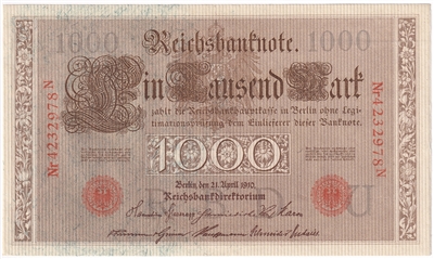 Germany 1910 1,000 Mark Note, Pick #44b, AU-UNC (L) 