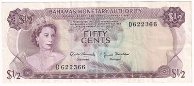 Bahamas 1968 1/2 Dollar Note, Pick #26a, VF-EF 