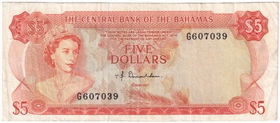 Bahamas 1974 5 Dollar Note, Pick #37a Donaldson, VF 