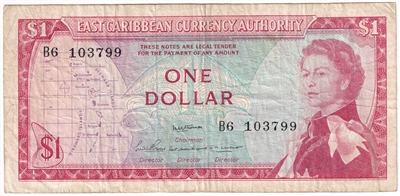 East Caribbean States 1965 1 Dollar Note, Pick #13a, Signature 2, F-VF 