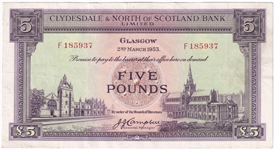 Scotland 1953 5 Pound Note, SC313a, VF-EF 