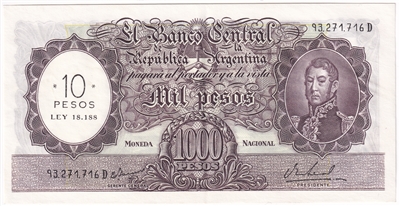 Argentina 1969-71 10 Pesos Note, Pick #284, EF-AU (L)